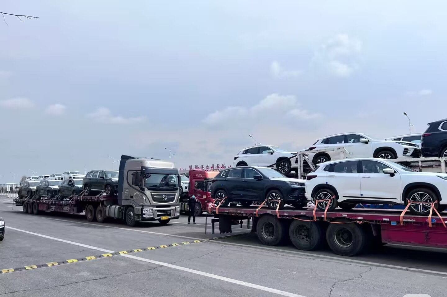 Car carrier trucks delivering vehicles to an export terminal