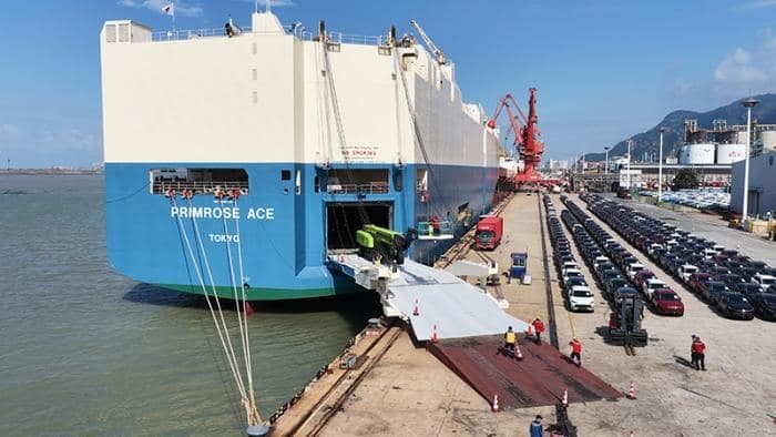 Vehicles driven onto a Ro-Ro vessel at port