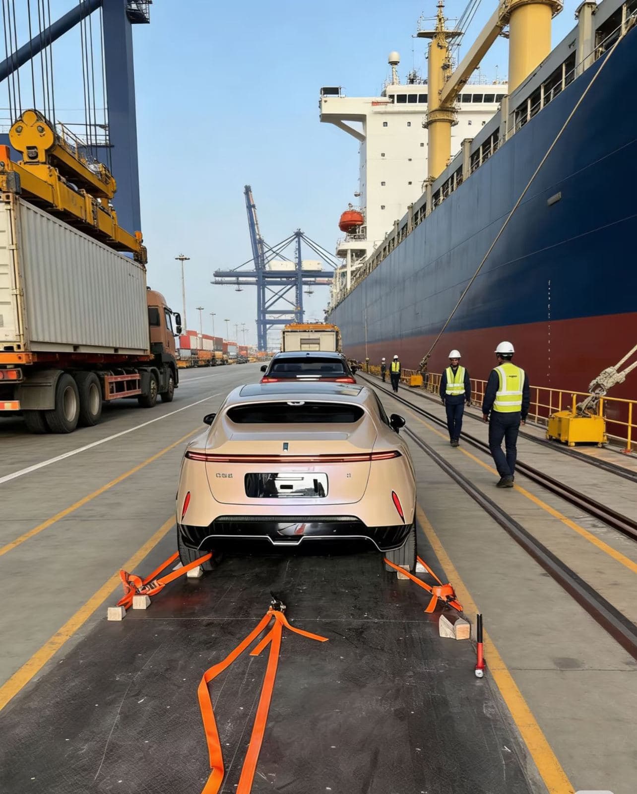 Vehicle strapped down with ratchet lashings before loading